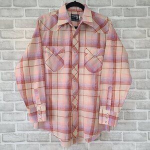 Vtg Wrangler X-Long Tails Pearl Snap Shirt Western Cowboy Rodeo 16 1/2×33 USA
